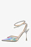 Mach & Mach Silver Iridescent PVC Crystal Embellished Heart Heels Size 37