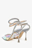 Mach & Mach Silver Iridescent PVC Crystal Embellished Heart Heels Size 37