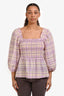 Ganni Pink Checked Smocked Seersucker Top Size 40