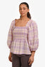 Ganni Pink Checked Smocked Seersucker Top Size 40