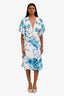 Roberto Cavalli White/Blue Silk Seashell Ruffle Sleeve Midi Dress Size 40