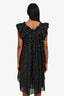 Isabel Marant Etoile Black/Metallic Silver Silk Polka Dot Ruffle Short Sleeve Dress Size 0