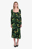 GANNI Black/Green Multicolour Leaves Banana Print Ruched Midi Dress Size 34