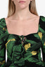 GANNI Black/Green Multicolour Leaves Banana Print Ruched Midi Dress Size 34
