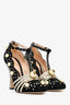 Gucci Black Suede Pearl/Crystal Embellished T-Strap Heels Size 36.5
