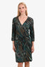 Diane Von Furstenberg Blue/Brown Silk Patterned Wrap Midi Dress Size 14