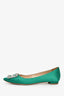 Manolo Blahnik Emerald Green Satin Crystal Embellished Hangisi Flats Size 37.5