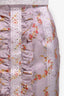 Miu Miu 2015 Purple Silk Floral Print Ruffle Detail Midi Skirt Size 40