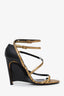 Lanvin Gold Embossed Leather Wrap Ankle Wedge Heels Size 37.5