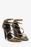 Lanvin Gold Embossed Leather Wrap Ankle Wedge Heels Size 37.5