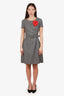 Moschino Cheap and Chic Black Wool Houndstooth Belted Midi Dress with Floral Applique Size 8