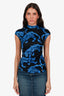Versace Collection Black/Blue Printed Ruched Mock Neck Top Size 40