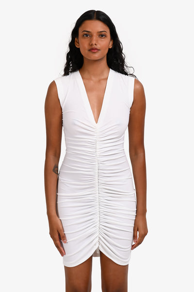 norma kamali sleeveless shirred waist mini dress Norma Kamali White Sleeveless V-Neck Shirred Front Mini Dress Size XXS –  Mine & Yours