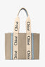 Chloe Beige/Blue Linen/Leather Medium Woody Tote