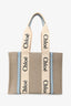 Chloe Beige/Blue Linen/Leather Medium Woody Tote