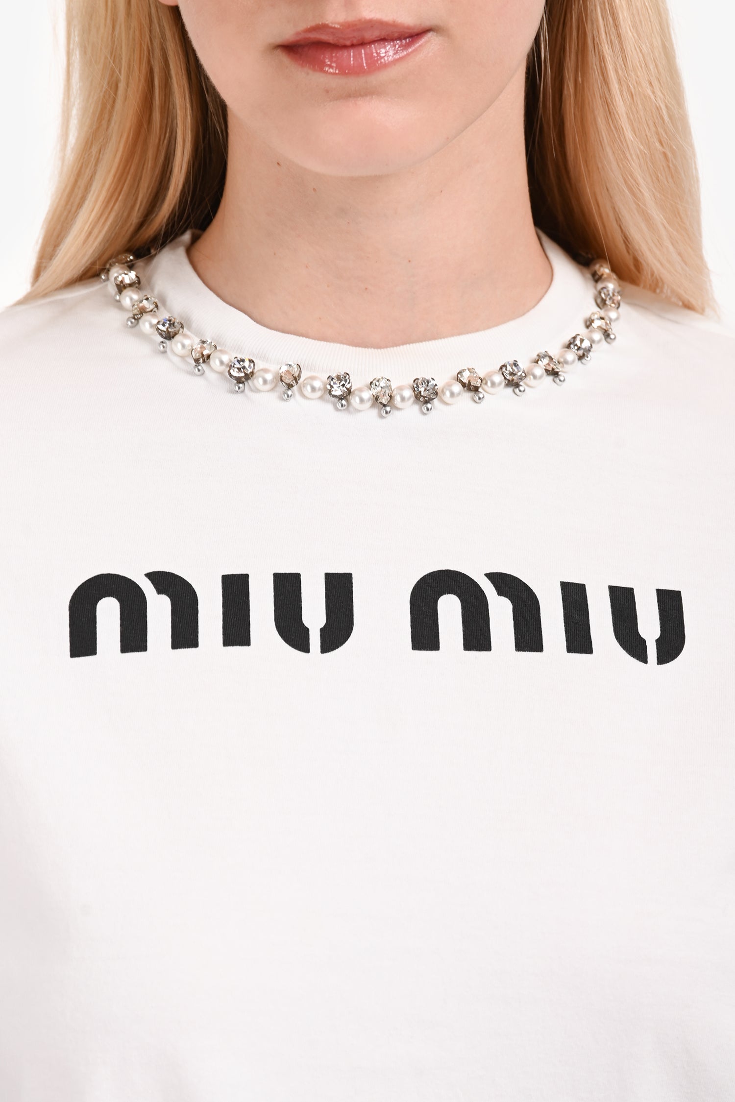 Miu Miu 2021 White/Blue Crystal Embellished Logo Top Size XS