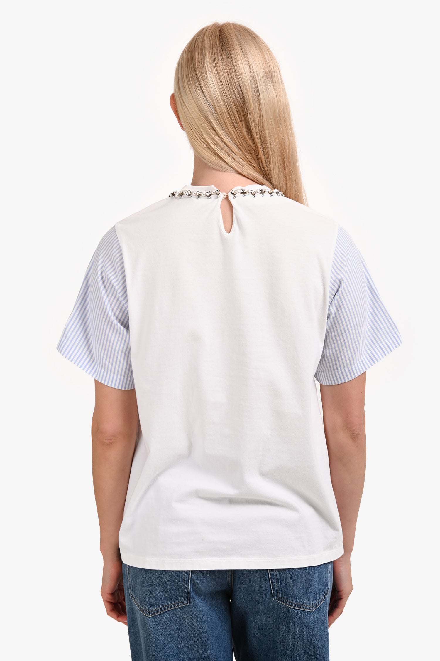Miu Miu 2021 White/Blue Crystal Embellished Logo Top Size XS