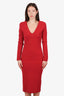DSquared2 Red V-Neck Midi Long Sleeve Dress With Shoulder Pads Size M