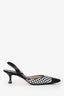 Manolo Blahnik Navy/White Woven Leather Patent Toe Slingback Kitten Heels Size 35.5