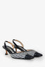 Manolo Blahnik Navy/White Woven Leather Patent Toe Slingback Kitten Heels Size 35.5