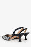 Manolo Blahnik Navy/White Woven Leather Patent Toe Slingback Kitten Heels Size 35.5