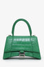 Balenciaga Green Croc Embossed Small Hourglass Top Handle Bag With Strap