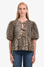 Ganni Leopard Cotton Poplin Bow Peplum Top Size 42