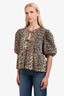 Ganni Leopard Cotton Poplin Bow Peplum Top Size 42