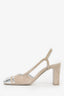 Pre-Loved Chanel™ Taupe/Silver Suede Square Cap Toe CC Slingback Heel Size 37.5