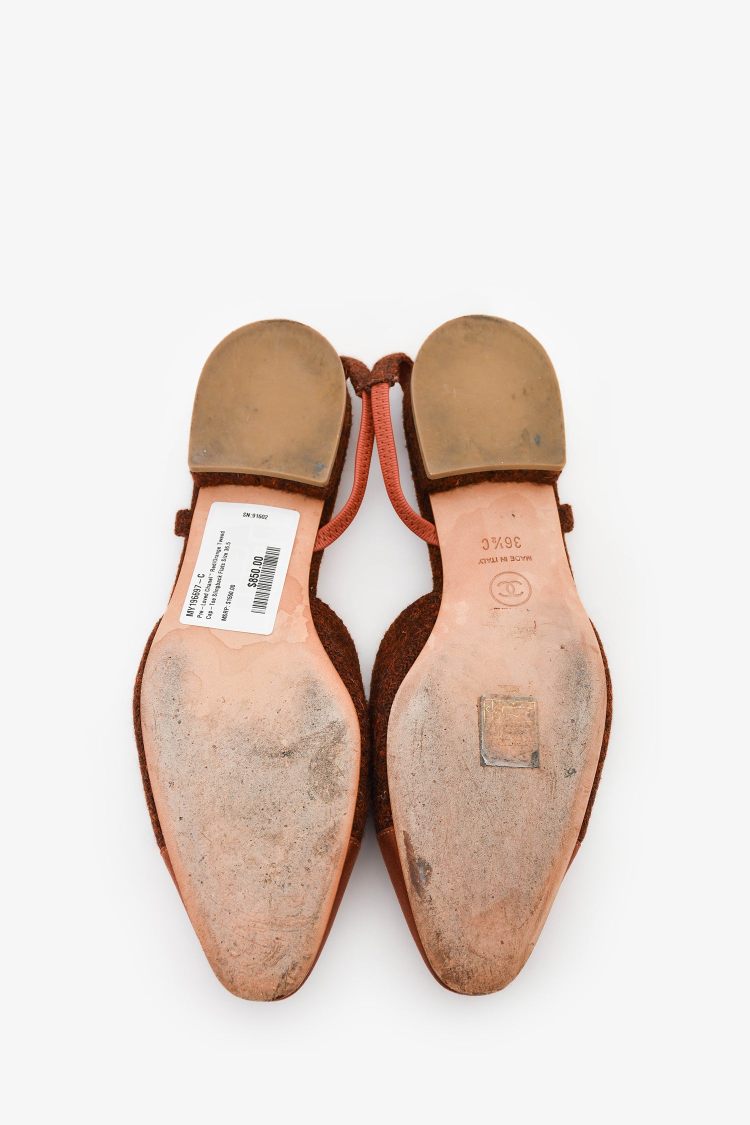 Pre-Loved Chanel™ Red/Orange Tweed Cap-Toe Slingback Flats Size