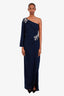 Marchesa Navy Beaded Applique Strapless Slit Gown Size 12