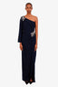 Marchesa Navy Beaded Applique Strapless Slit Gown Size 12