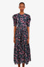 Isabel Marant Étoile Black/Multicolour Floral Print Sichelle Puff-Sleeve Midi Dress Size 38
