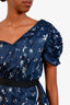 Self-Portrait Navy Satin Star Print Ruffled One Shoulder Mini Dress Size 4