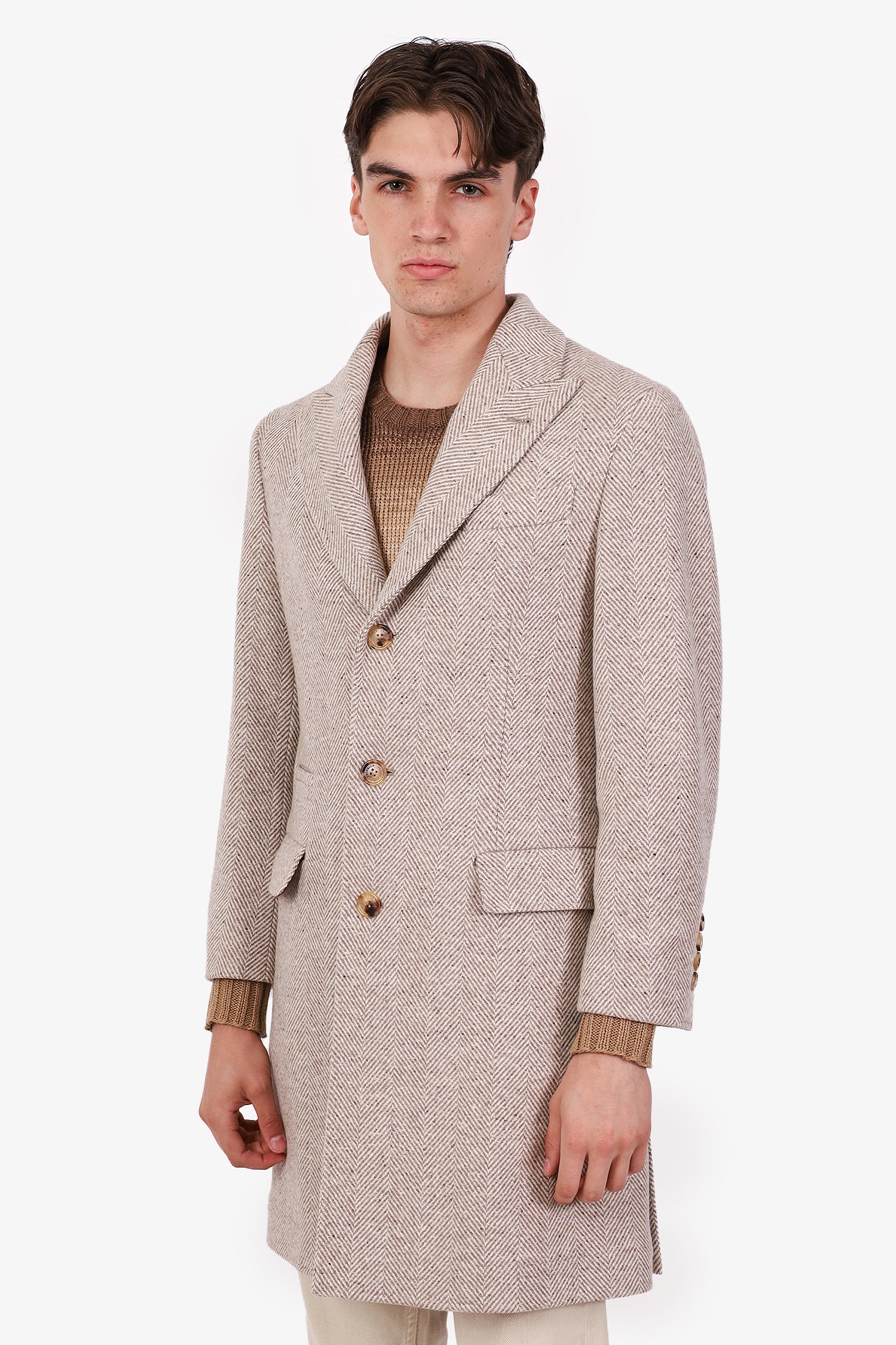 Brunello Cucinelli Beige Wool Cashmere Herringbone Coat Size 46