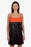 Prada Black/Orange Leather Logo Patch Ruffled Slip Dress Size 42