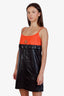 Prada Black/Orange Leather Logo Patch Ruffled Slip Dress Size 42