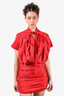 Magda Butrym Red/Black Polka Dot V-Neck Ruched Mini Dress Size 36