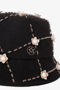 Maison Michele Black Rabbit Hair Flower Embellished Hat