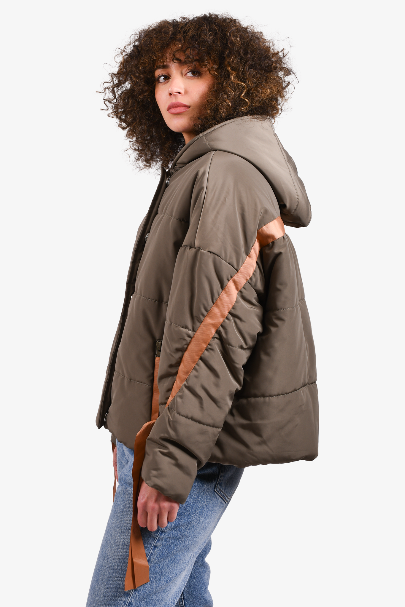 Maje Green Brown Ribbon Detail Puffer Jacket Size TU Mine Yours