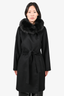 Max Mara Studio Black Virgin Wool Wrap Coat with Fox Fur Collar Size 6 US