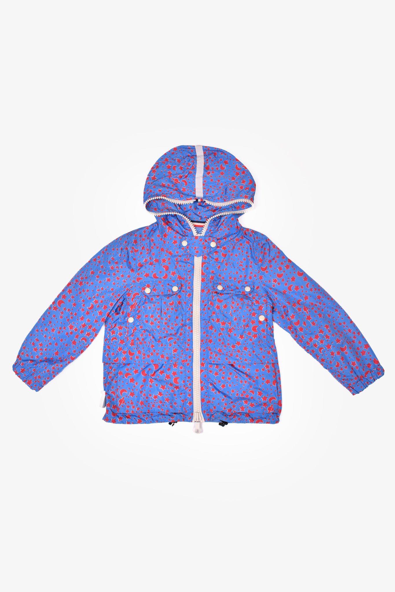Moncler Blue/Red Stars and Moons Nylon Windbreaker with White Zipper 14Y Kids