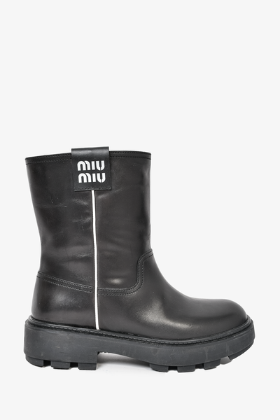 Miu Miu Black Leather Mid Calf Boots with White Side Stripe Size