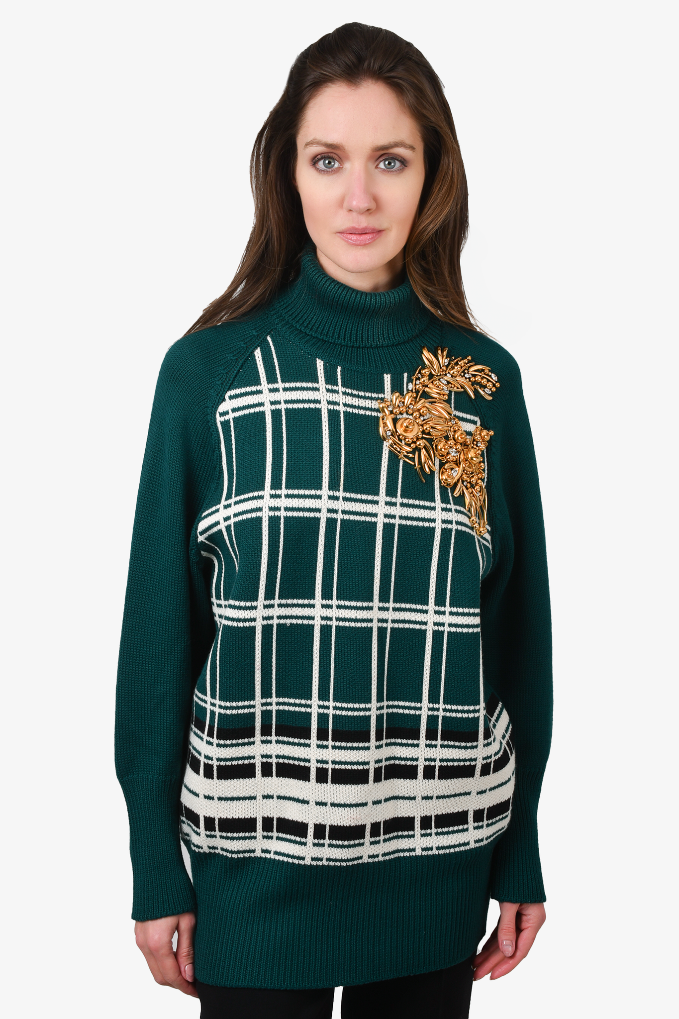 Miu Miu Green Cream Virgin Wool Plaid Embellishment Turtleneck