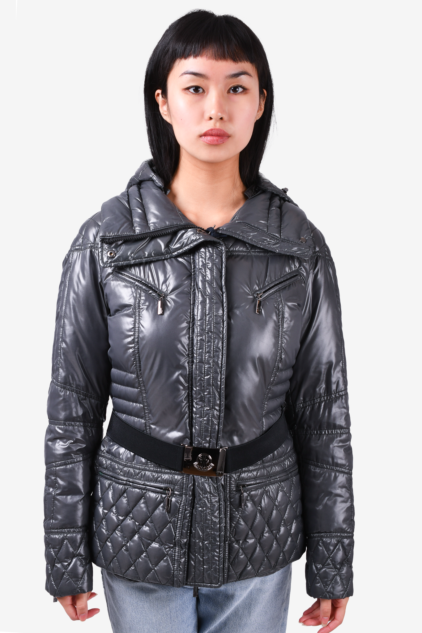 Moncler Grey Down Quilted Belted Magritte Jacket Size 3 Mine