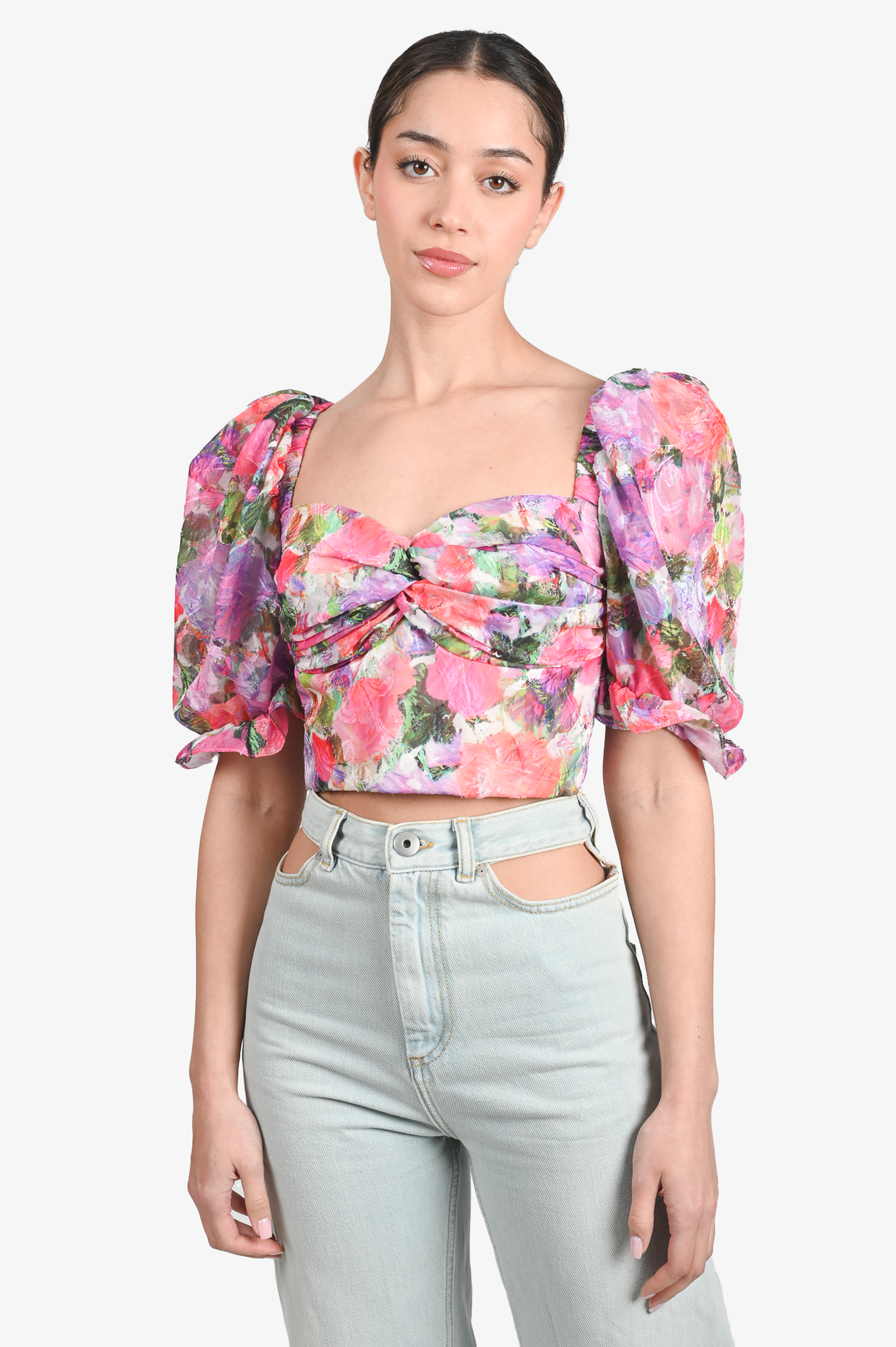 Patbo Pink/Purple Floral Puff Sleeve Cropped Top Size 4 US
