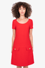 Prada Red Wool Drop-Waist Gold Button Shift Dress Size 42
