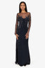 Reem Acra Navy Silk Beaded Sequin & Mesh Long Dress Size 10