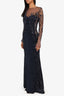 Reem Acra Navy Silk Beaded Sequin & Mesh Long Dress Size 10