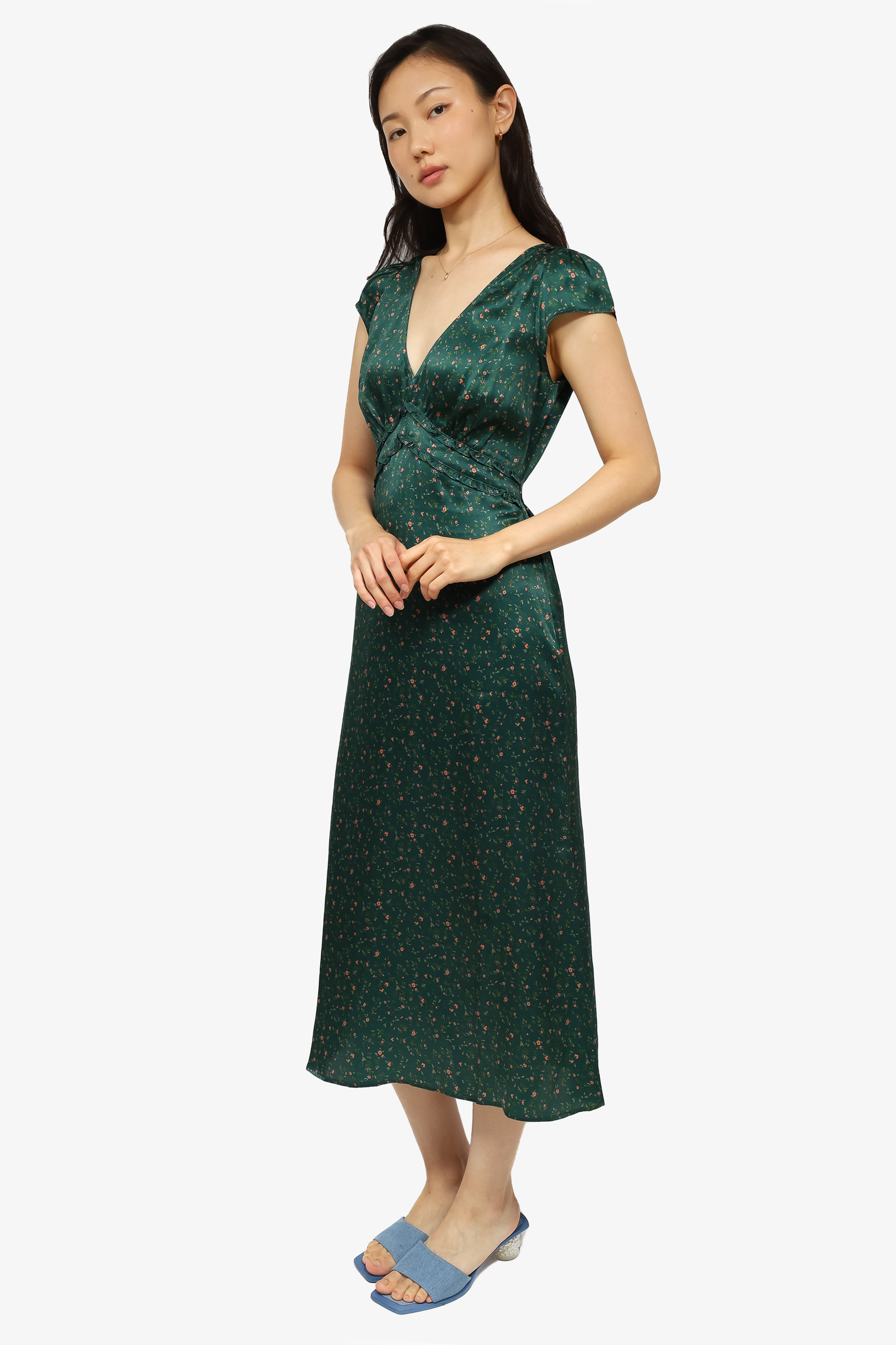 slim fit dress slacks Reformation Green Silk Floral Print Kaye Dress Size 4 – Mine & Yours
